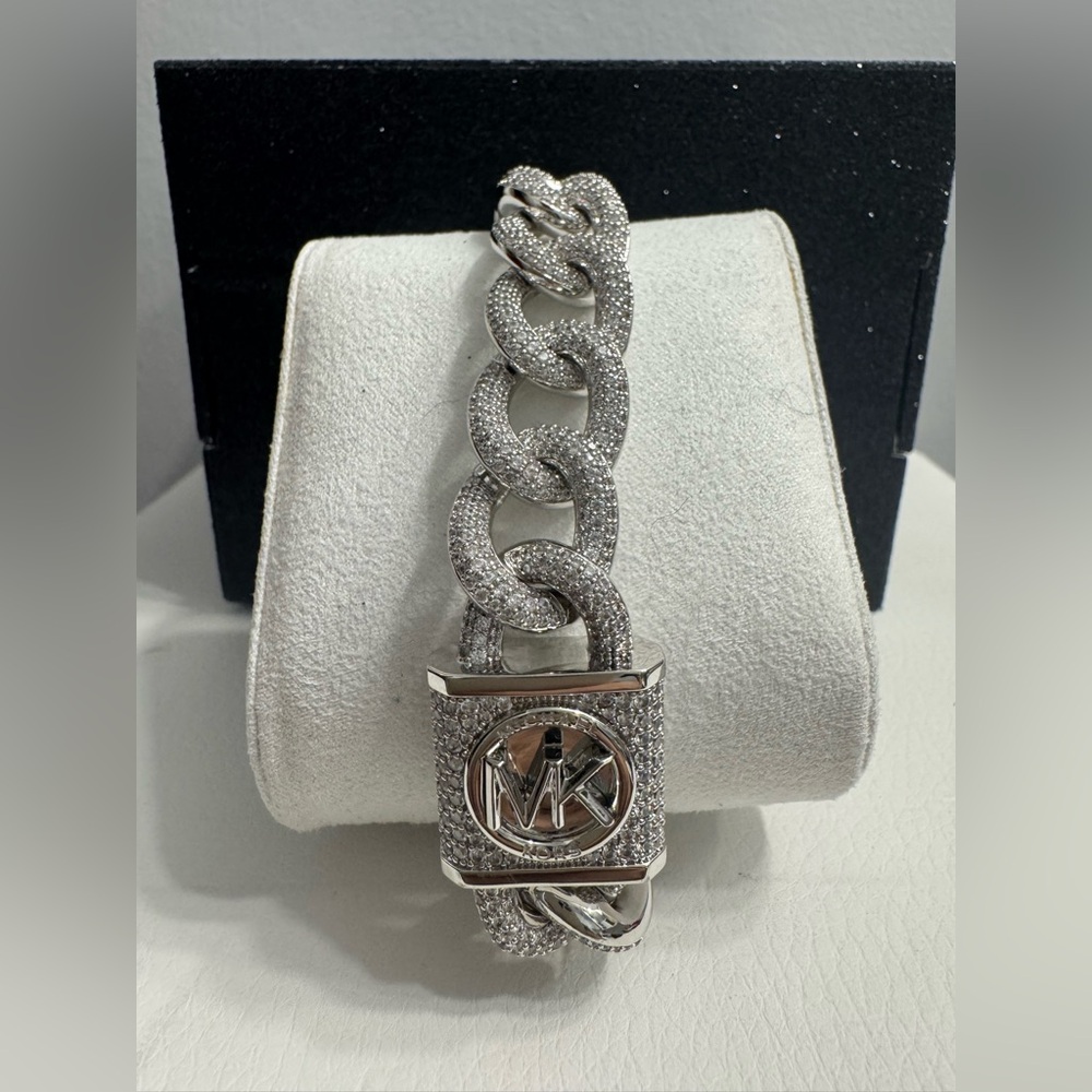Michael Kors Sparkling Platinum-Plated Brass Pavé Lock Curb Link Bracelet